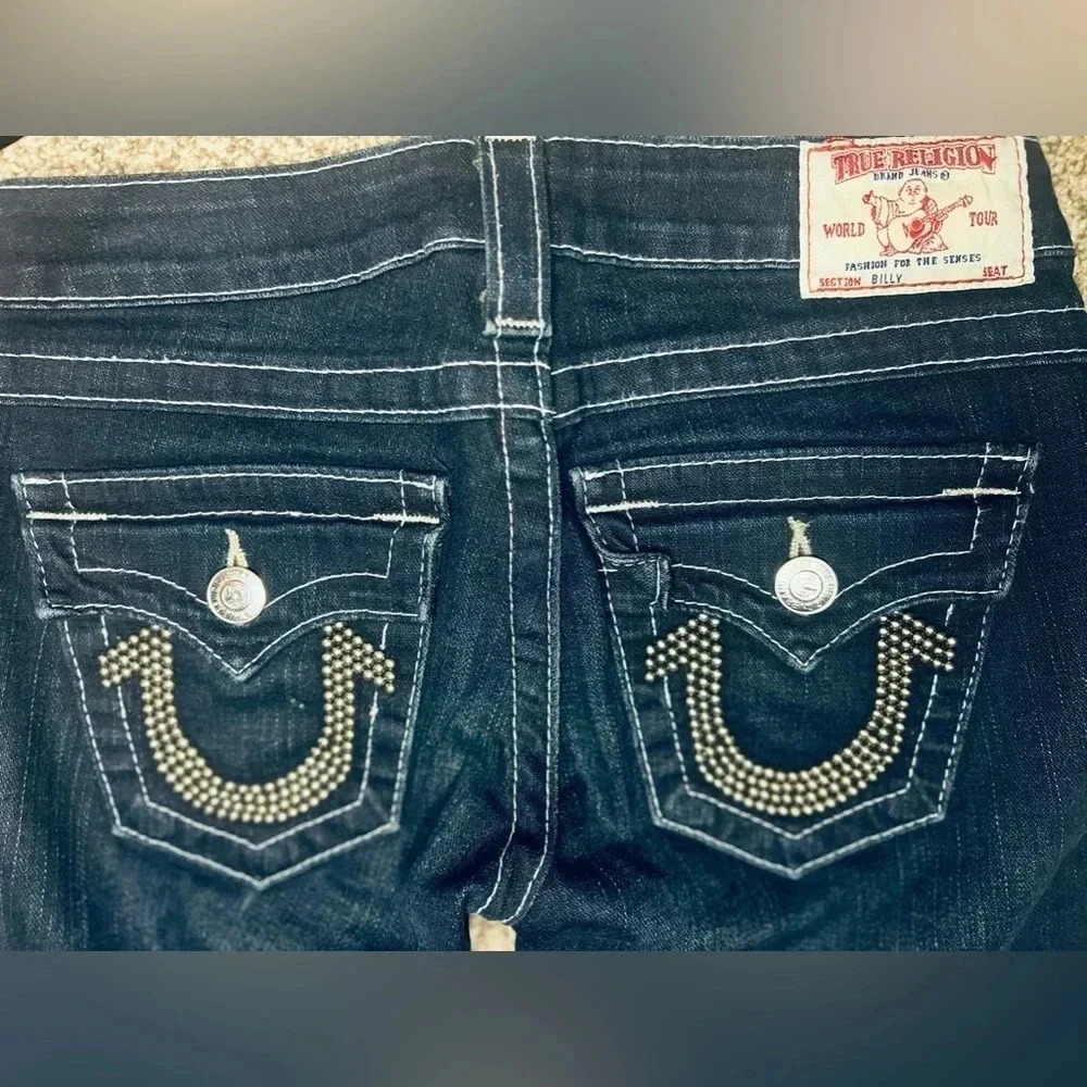 True Religion Womens Billy Big T Jeans Sz 25 Dark Blue Wash white stitch flap - Picture 6 of 7